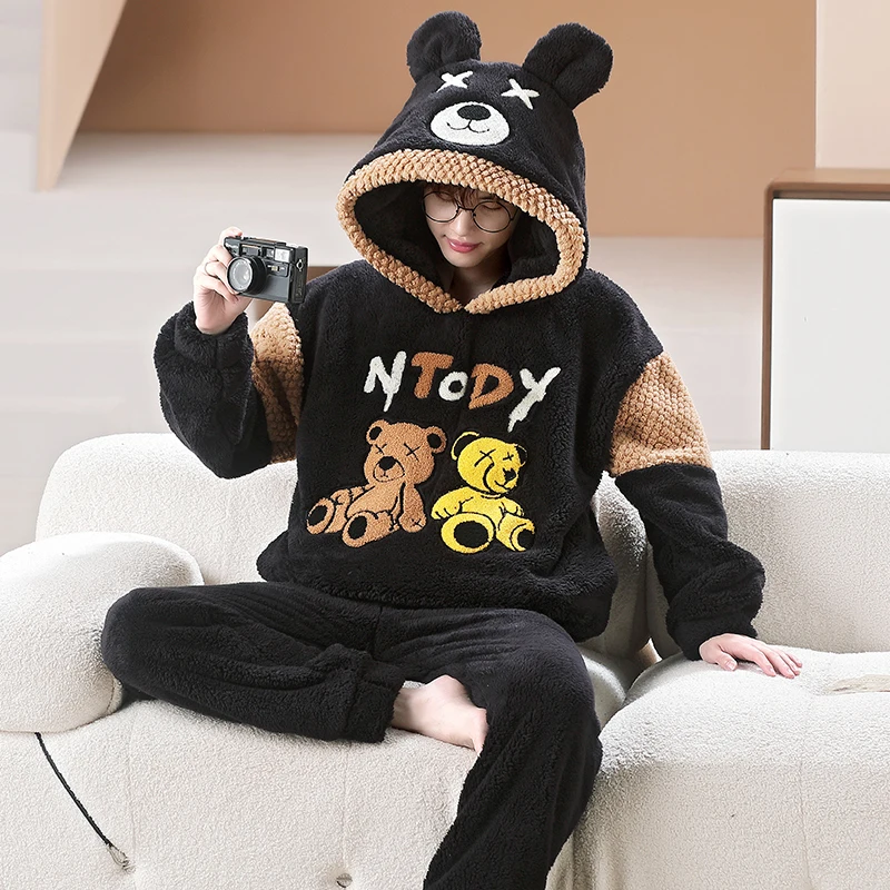 Top Heren Winter Homewear Koraal Fleece Younth Pyjama Dik Bont Flanel Cartoon Mannelijke Loungewear Sets Plus-Size Zachte Nachtkleding Pak