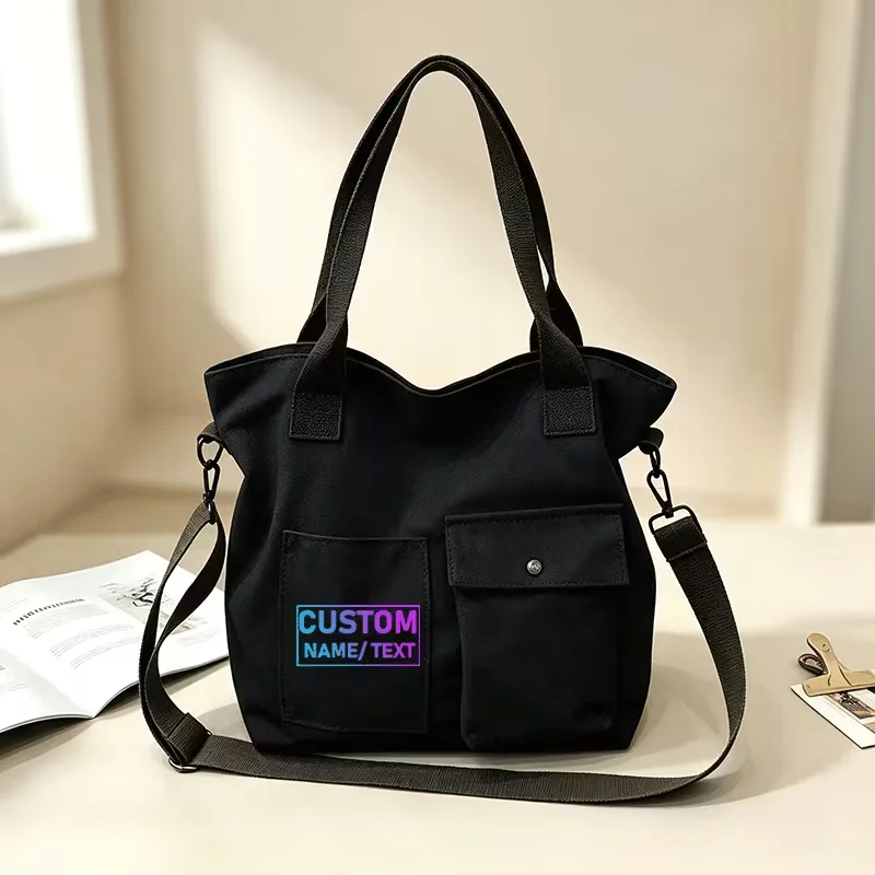 Custom Logo Fashion Canvas Bags Students Handbag Shoulder Bags Large Capacity Totes Shopper Bag Casual Female Cross Body Bag