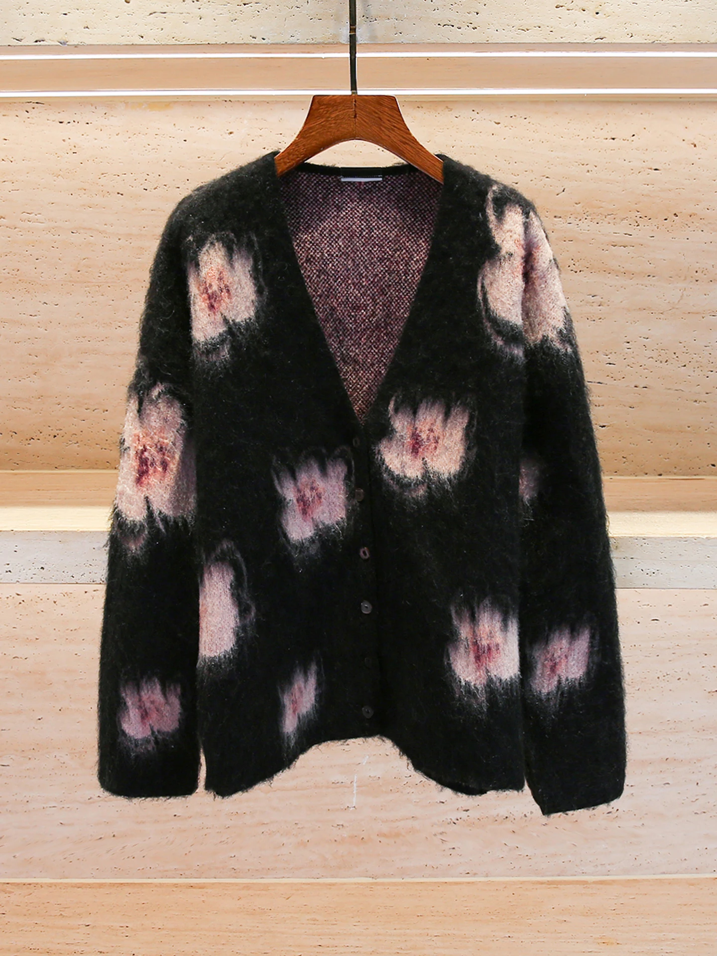 Cardigan Aberto de Tricô com Decote em V Pintado à Mão com Estampa de Flor de Pêssego Estilo E e Simples Manga Longa S...