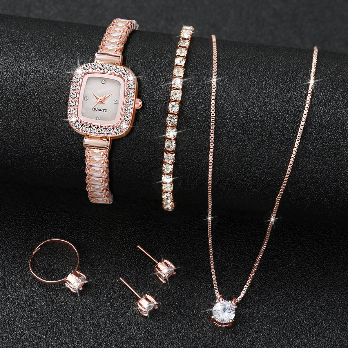 6PCS/Set Fashion Rhinestone Women Watches Small Square Dial Ladies Bracelet Quartz Watch Jewelry Set Reloj Mujer（Without Box）