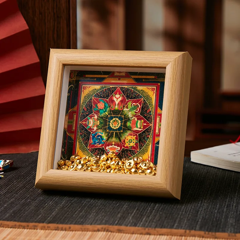 Tibetan Mandala Thangka Framed Ornament 10x10cm Handmade Kalachakra Buddhist Art Feng Shui Lucky Home Decor Desktop Display Gift