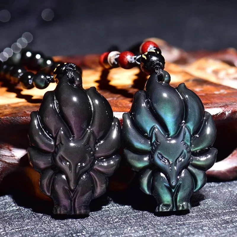 Natural Rainbow Obsidian Hand-carved Nine-tailed Fox Pendant Fashion Boutique Jewelry Men and Women Fox Necklace Gift