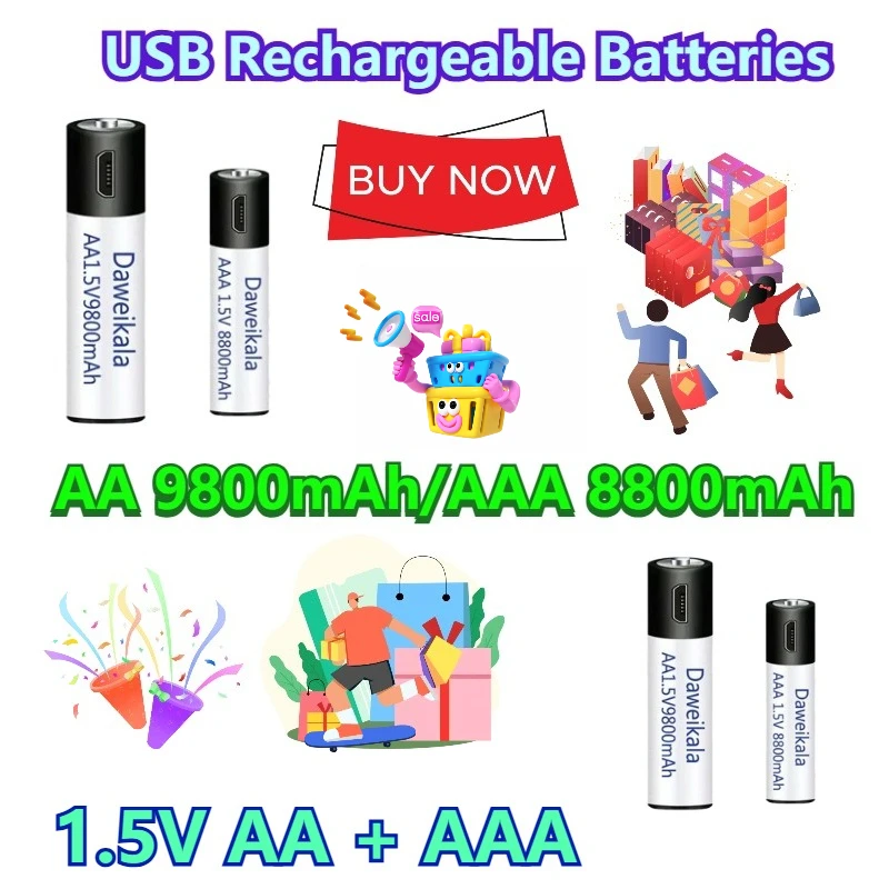 

AA 9800mAh/AAA 8800mAh 1.5V AA + AAA USB Rechargeable Batteries