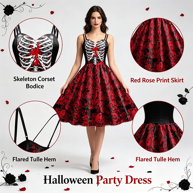 Damen Halloween Ärmelloses Swing-Kleid Skelett-Rippenkasten Rote Rosen-Druck Spaghetti-Träger Midikleid Gothic Party Cosplay Outfit – Detail 6