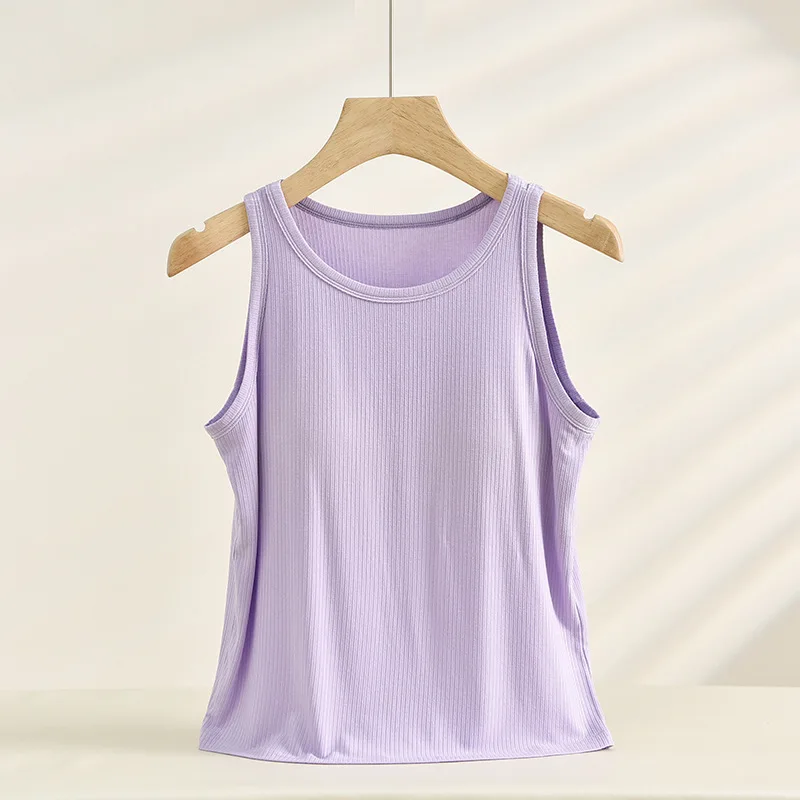 Threaded Modal One Piece Pajamas Sexy Summer Sleepwear Vest Women's Camisole Chest Pad Round Neck Tank Top Bottom Shirt image 5