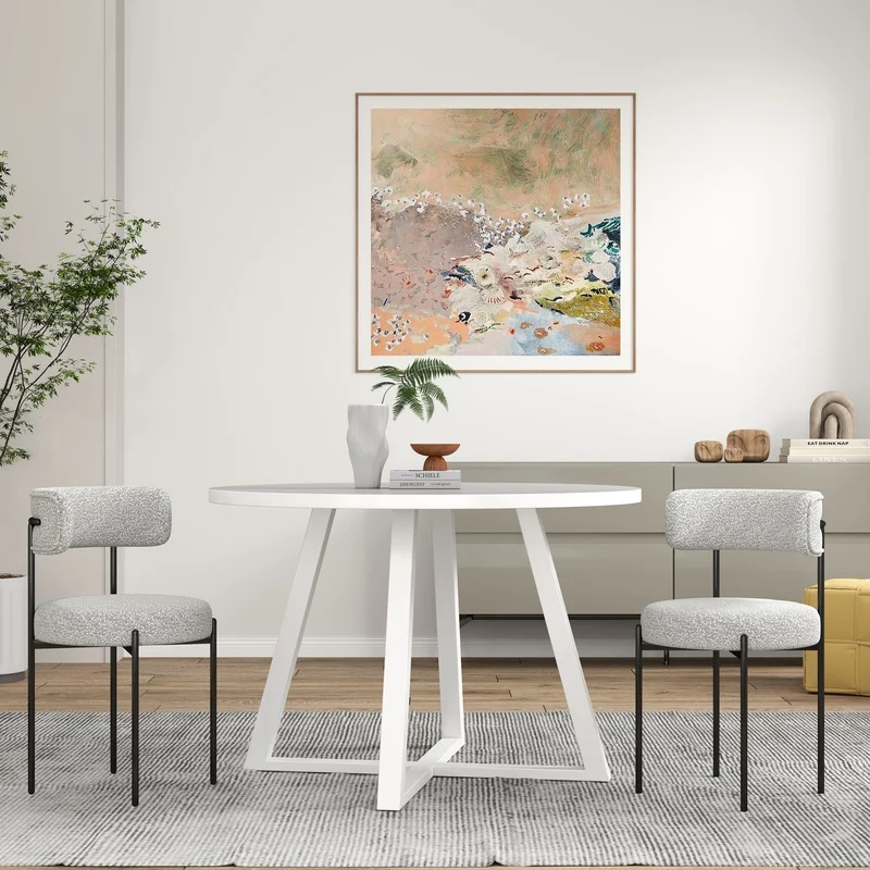 

Durban 3-Piece Round Dining Set: Trestle Table with 2 Boucle Chairs