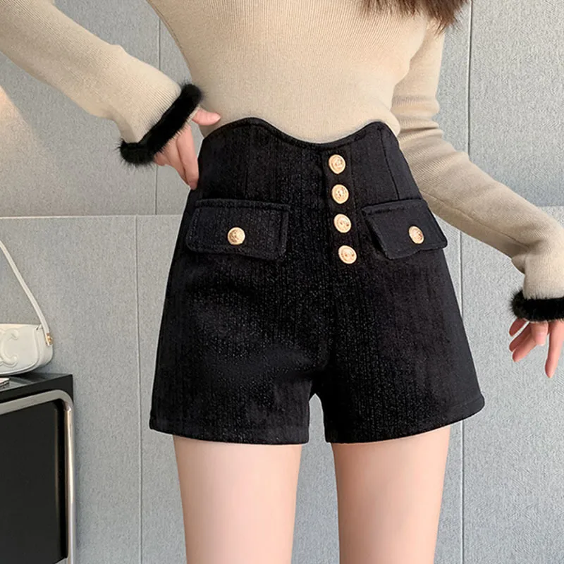 Women Shorts Cozy Fabrics Vintage Retro High Waist Zipper Wide-leg French Style Chic Trousers Winter Ins