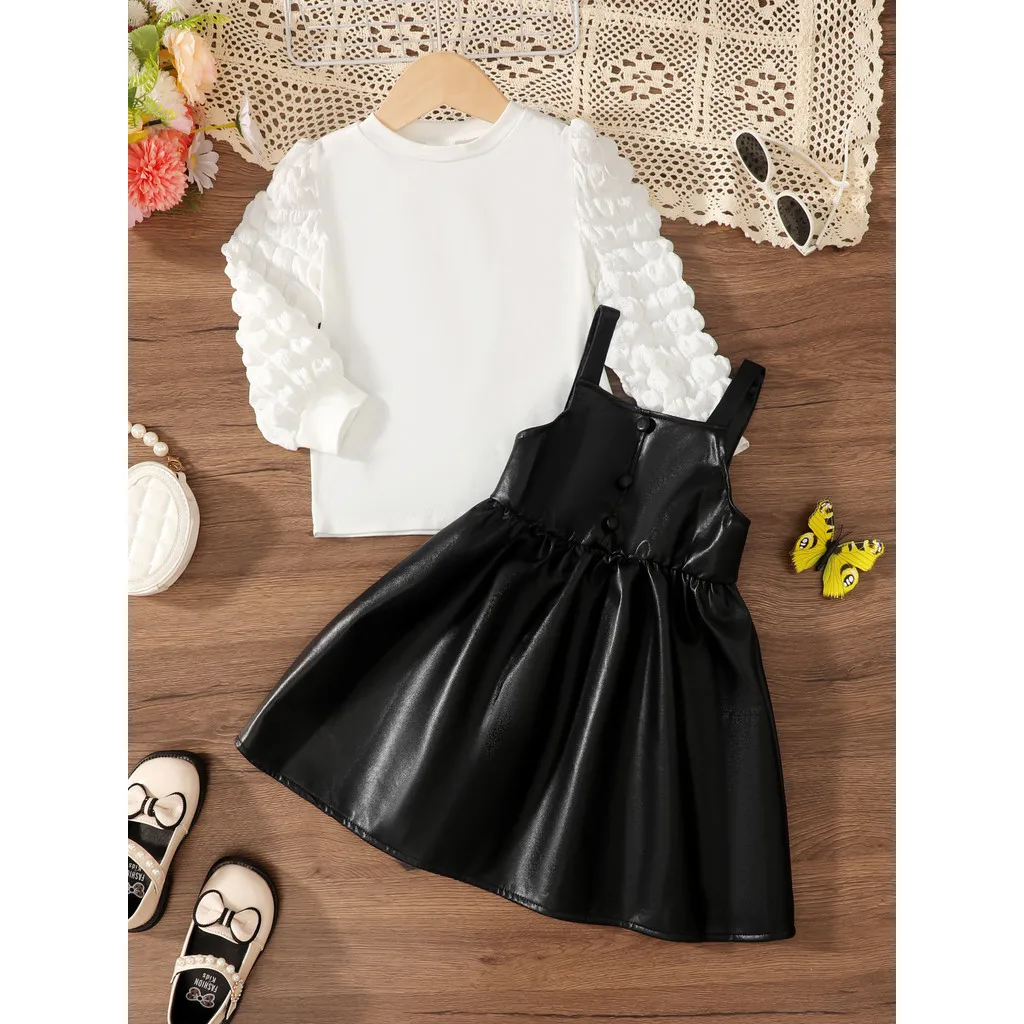 2PCS Child Girl Skirt Set White Long Sleeved Top+Black Leather Skirt Fashion Korean Dressing for Girls aged 4-7 Years Wear