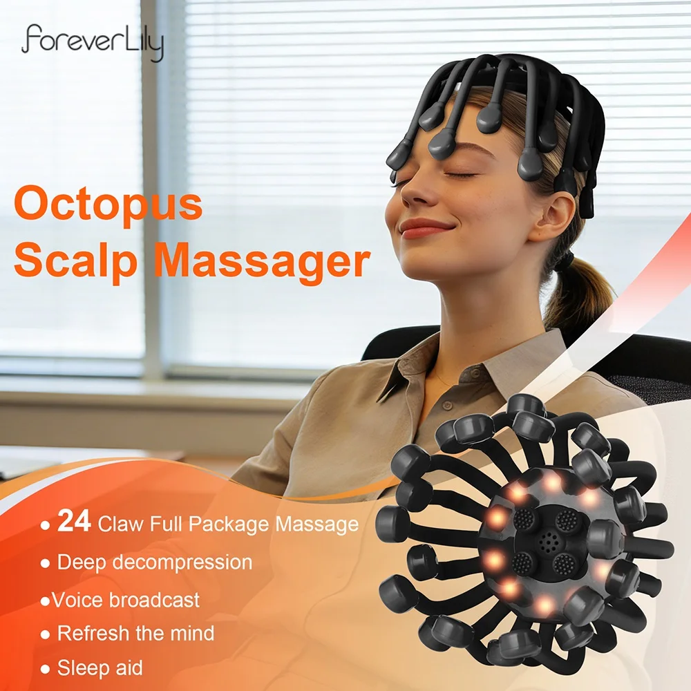 

Электрический массажер для кожи головы с 24 головками-щупальцами, 24-точечный вибрационный массажер-чесалка, Bluetooth-музыка для релаксации