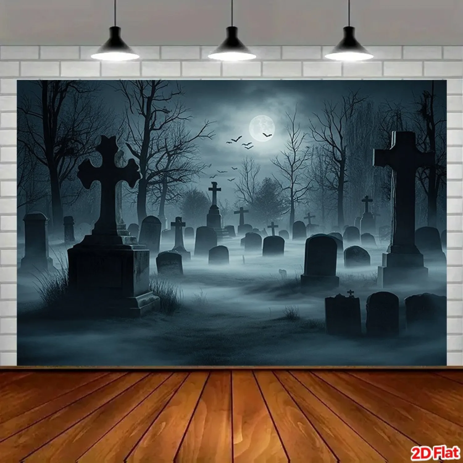 2D Flat, Gothic Cemetery Tapestry Wall Hanging - Large Horizontal Graveyard Scene with Tombstones, Full Moon & Bats - Dark Gothi
