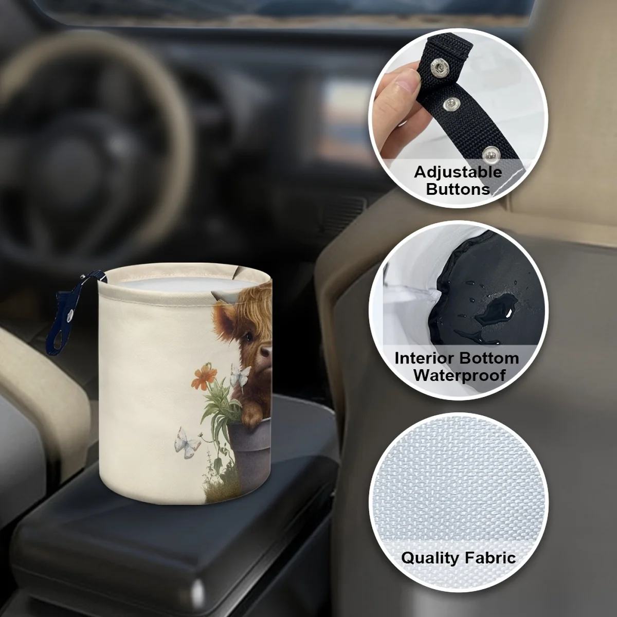 Cubo de almacenamiento con patrón de vaca, bolsa de almacenamiento portátil impresa, cubo de basura colgante para coche, accesorios interiores de coche, organización de coche, 1 unidad