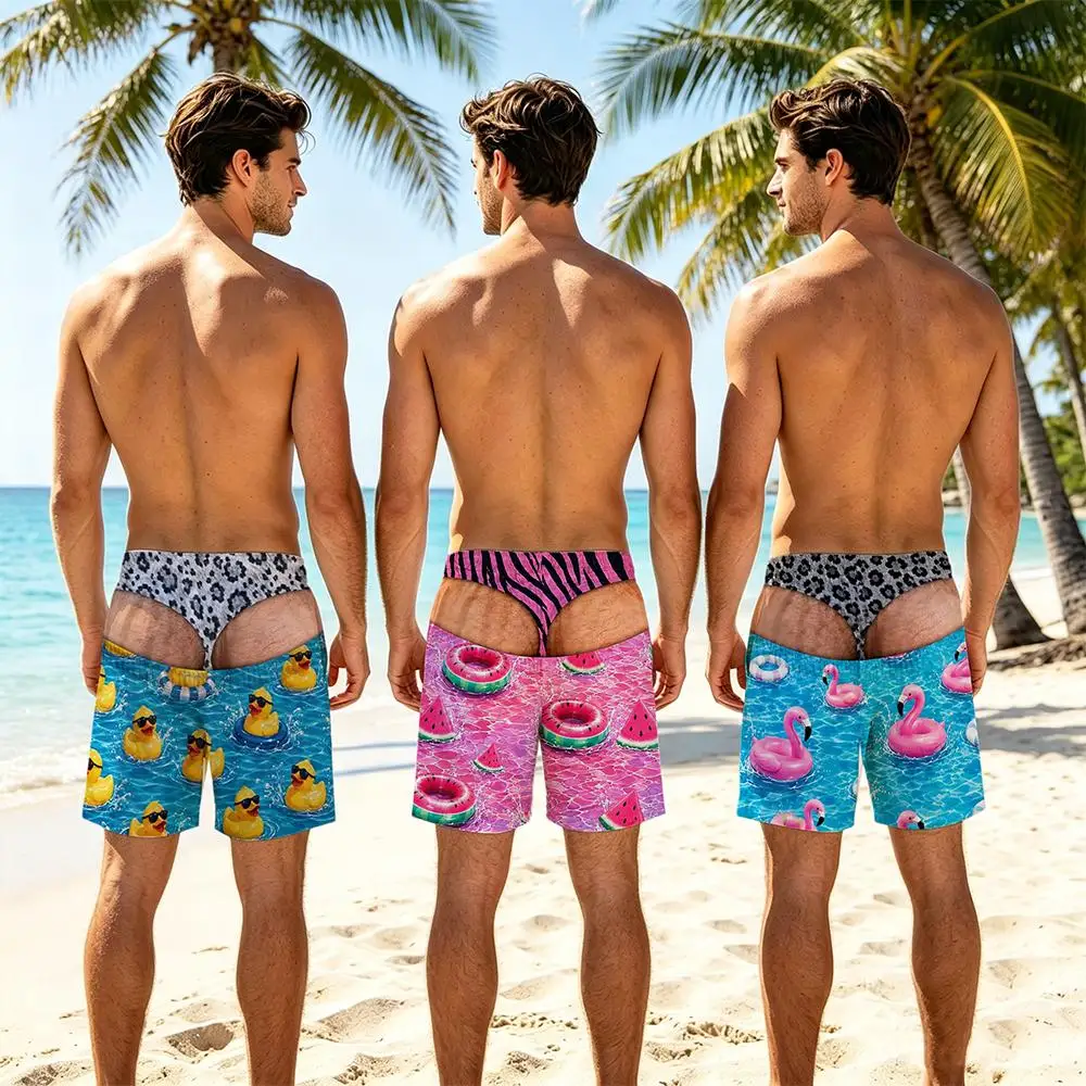 Men Fun Beach Party Swim Trunks 3D Fake Hip Printed Drawstring Board Shorts Summer Boyfriend Husband Fashion Viral Beach Shorts