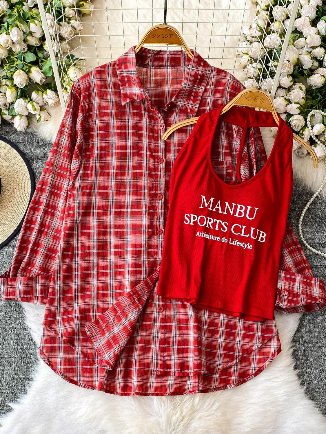 Korean Sle Loose Long Sve Sun Protection Coat Women's Autumn Red Plaid Turn-down Collar Outerwear + Inner Strap Set