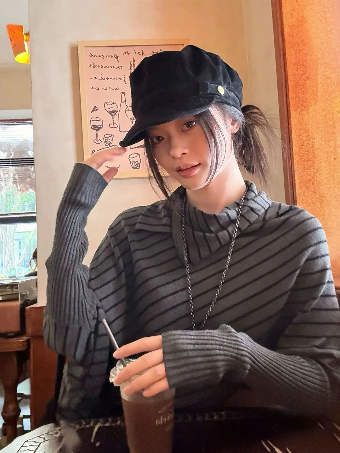Estética moda listra topos mulher streetwear elegante manga longa t chique coreano vintage malhas pulôver