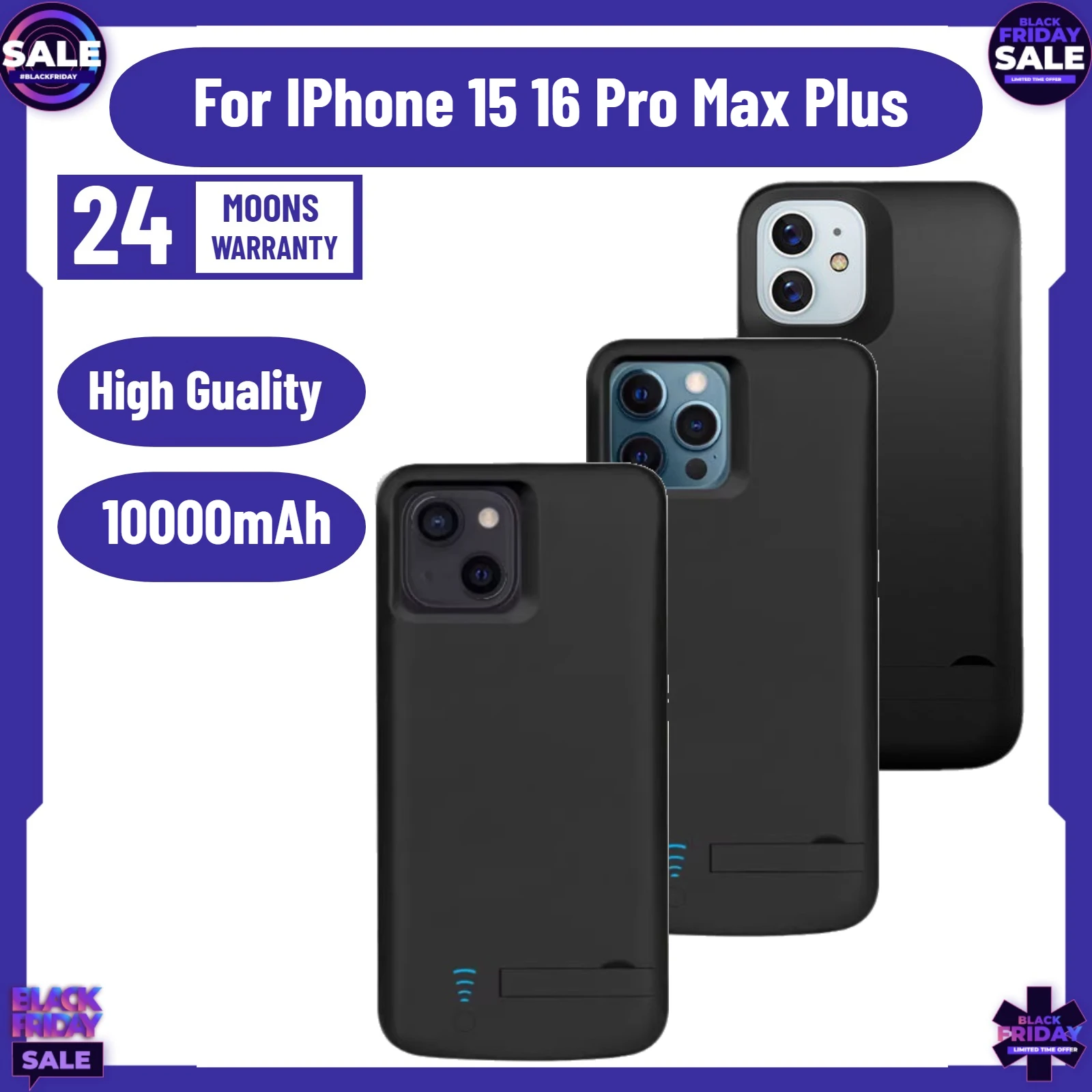 

Чехол-аккумулятор 10000 мАч для iPhone 15 16 Pro Max Plus: тонкий, портативный, с функцией зарядки и увеличенной емкостью