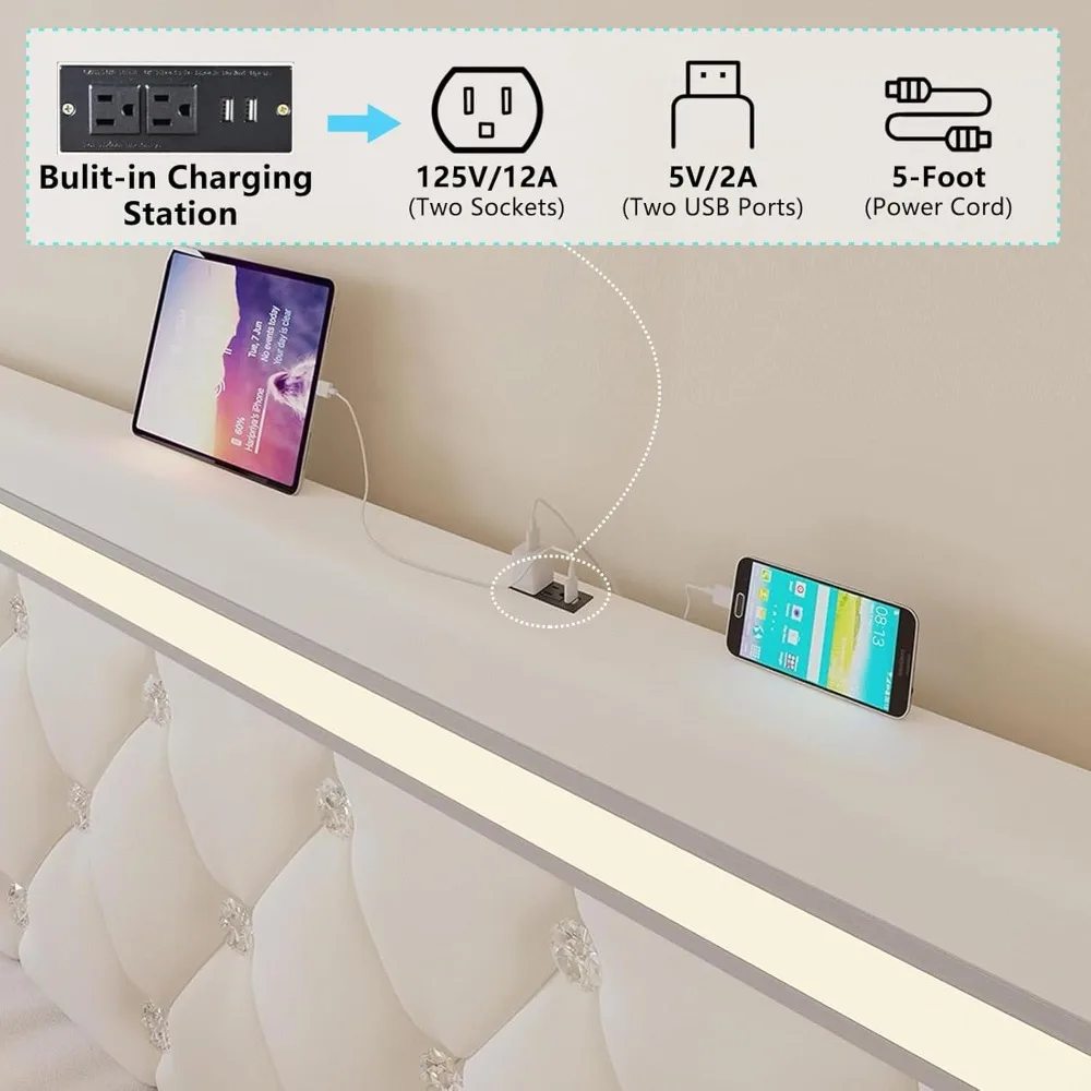 إطار سرير بحجم كوين مع أدراج تخزين وإضاءة LED، ومقبسين ومنفذي USB، ولوح رأسي قابل للتعديل مع تنجيد من جلد البولي يوريثان