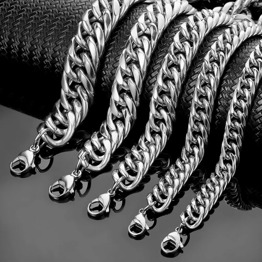 Granny Chic 9/11/13/16/20/22mm Stainless Steel Necklace  Curb Cuban Link Silver Color Mens Boys Chain Fashion Jewelry