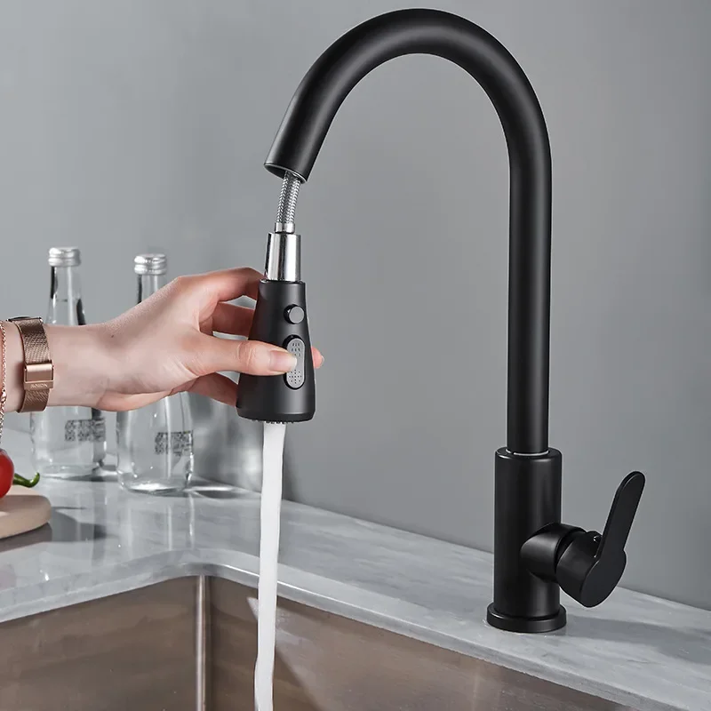 Kitchen Sink  Faucets Pull Out Hot Cold  with Shower Head Black & Silvery Swivel Sink Mixer Tap Bathroom Vanity Faucet