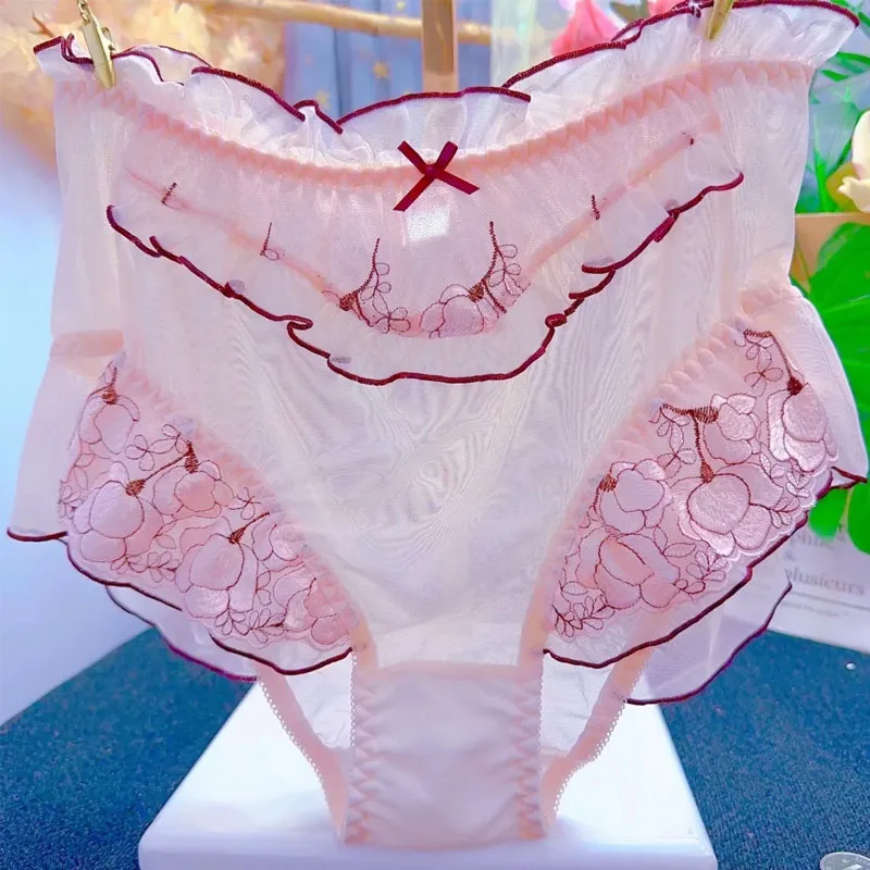 

Sexy Lolita Embroidery Transparent Mesh Underwear Lace Princess Cute Bow Panties Soft Ruffled Hollowed Breifs Lingerie
