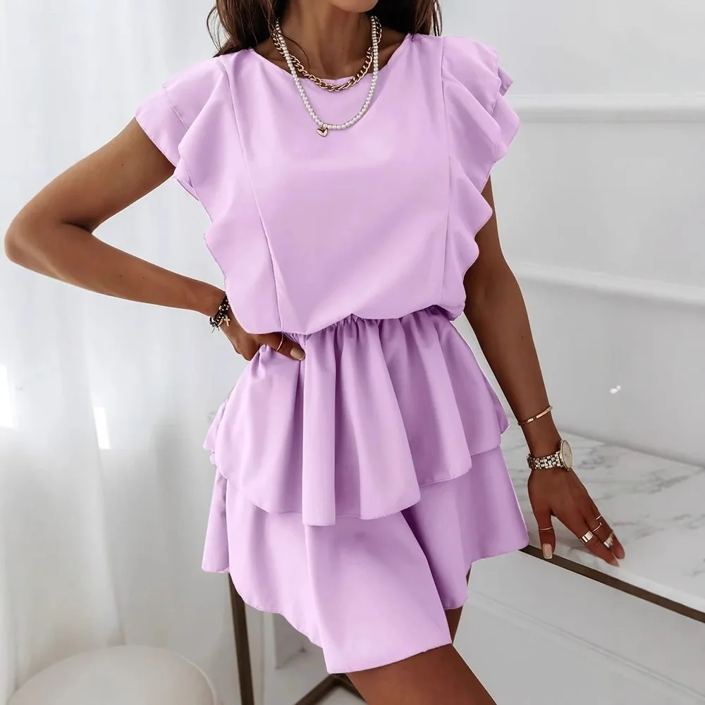 Vestido elegante solto de manga curta com babados e camada dupla com temperamento de cor sólida e cintura cinching vestido de manga curta