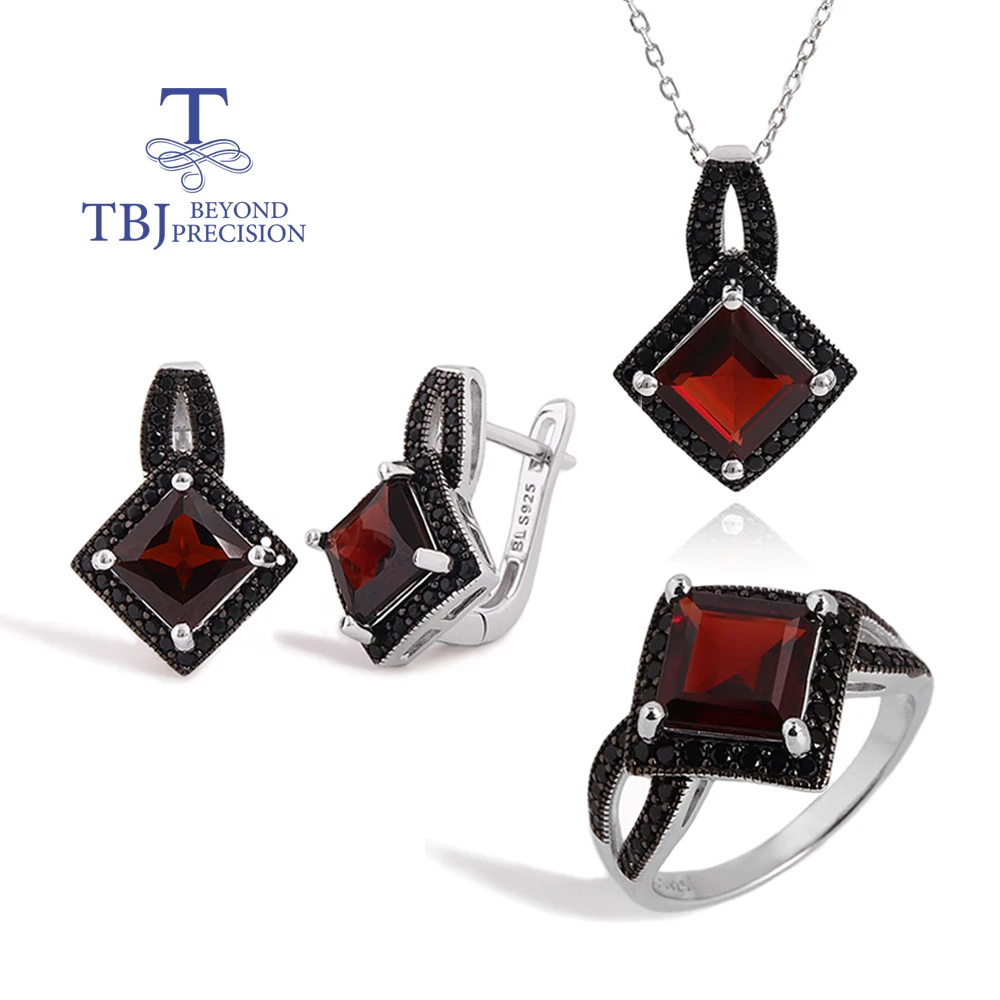 

925 sterling silver Ring clasp earrings pendant necklace Natural square real garnet fine jewelry set for women's engagement gift
