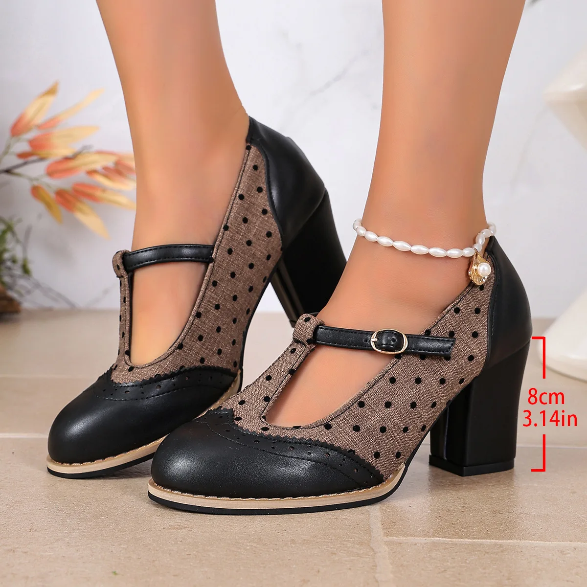 Autumn New Women's Contrast Color High Heels Vintage Daily Brogue Style T-strap Mary Janes Shoes Zapatos De Mujer