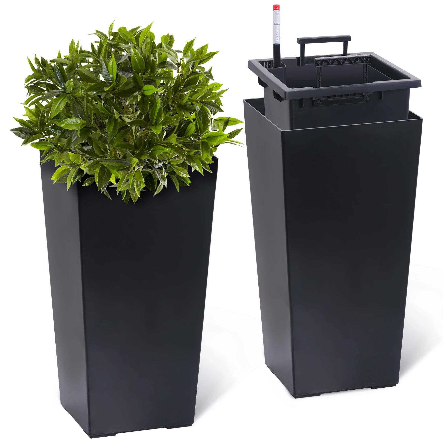 

2pcs 23" Tall Black Planter Pots with Automatic Watering, Drainage Holes Water Level Monitor & Elegant Tapered Design for Indoor