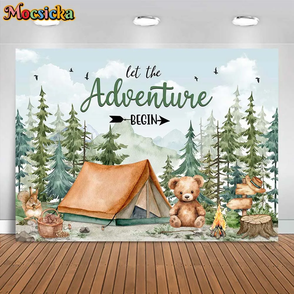 

Mocsicka Baby 1st Birthday Backdrop Let The Adventure Begin Jungle Wild Animals Camping Boy's Party Decoration Background Banner