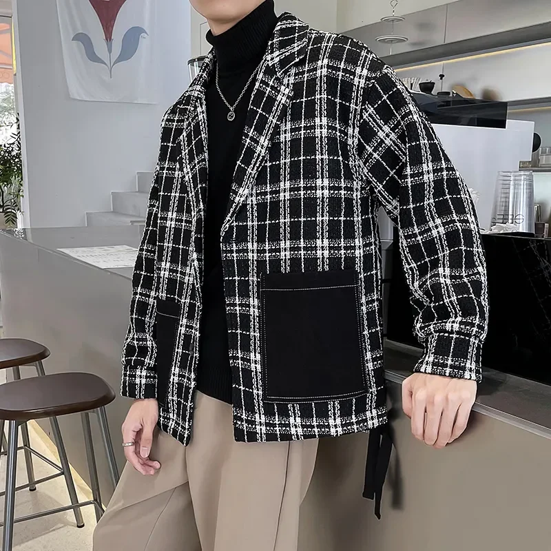 Medium-length Plaid Wool Jacket Men Autumn Winter Lapel Trench Coat Men Men's Tweed Coat