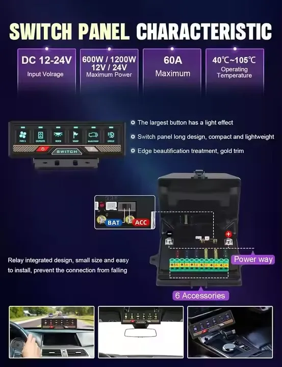 6 عصابة RGB لوحة التبديل 4x4 صندوق التحكم التتابع التلقائي عكس الضوء LED 12 فولت لوحة مفاتيح اللمس لسباق السيارات شاحنة RV على الطرق الوعرة
