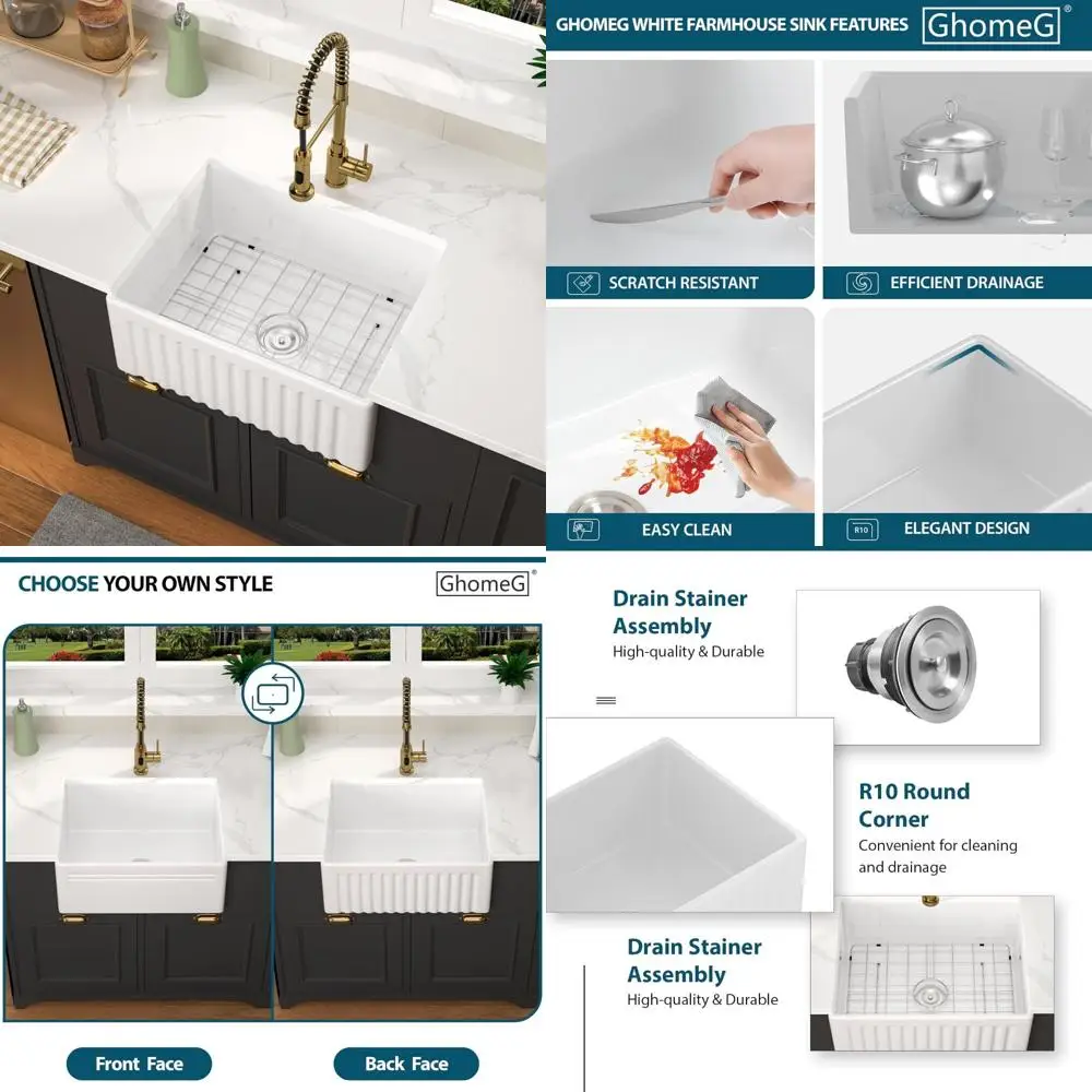 Tablier d'argile de feu blanc de 24 pouces de profondeur, évier de cuisine de ferme à cuvette unique avec conception de Style fermier en céramique