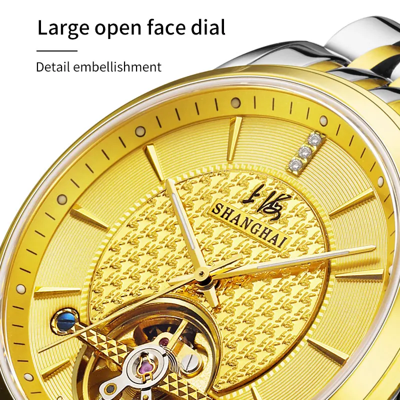 شنغهاي دولاب الموازنة سلسلة ساعة ميكانيكية للرجال الأعمال فستان ساعة الياقوت الزجاج مضيئة الأيدي التقويم عرض SH6008