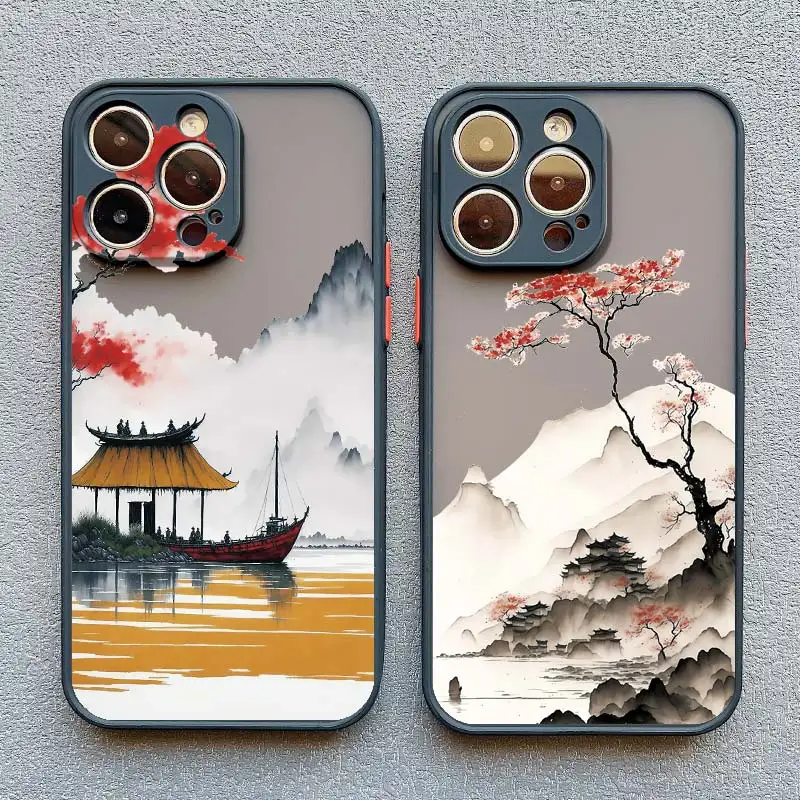 Ink and Wash Painting Scenery Case for iPhone 12 13 Mini 11 Pro Max 15 14 13 Pro Max 7 8 Plus SE2 X XR XS Shockproof Cover Funda