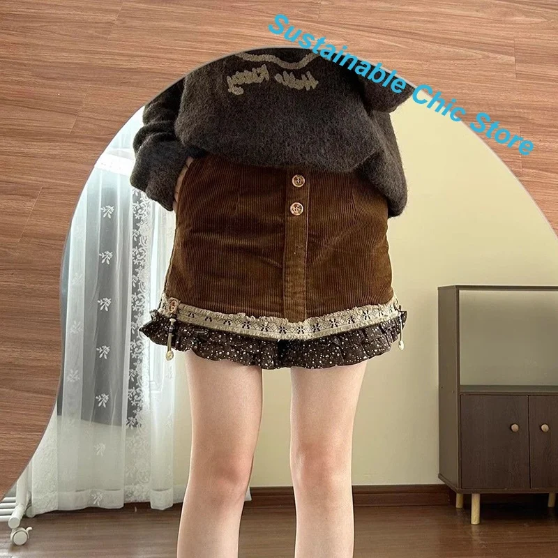 French Retro Stitching Corduroy Skirt Women's Autumn and Winter New Cute Fashion A-line Skirt Brown Crotch Casual Skirt Pants.