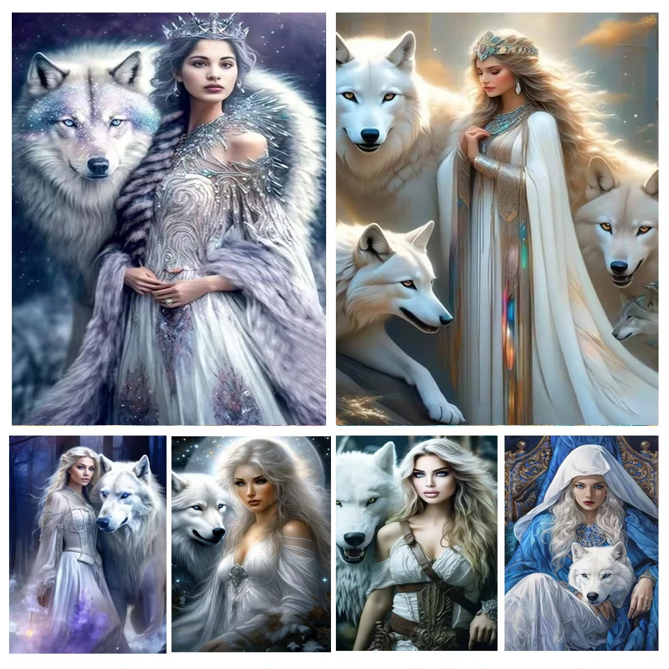 

New Diamond Painting Cross Stitch Woman Snow Wolves Full Drill Mosaic Arts Diy Rhinestone Embroidery Animals Girl Picture