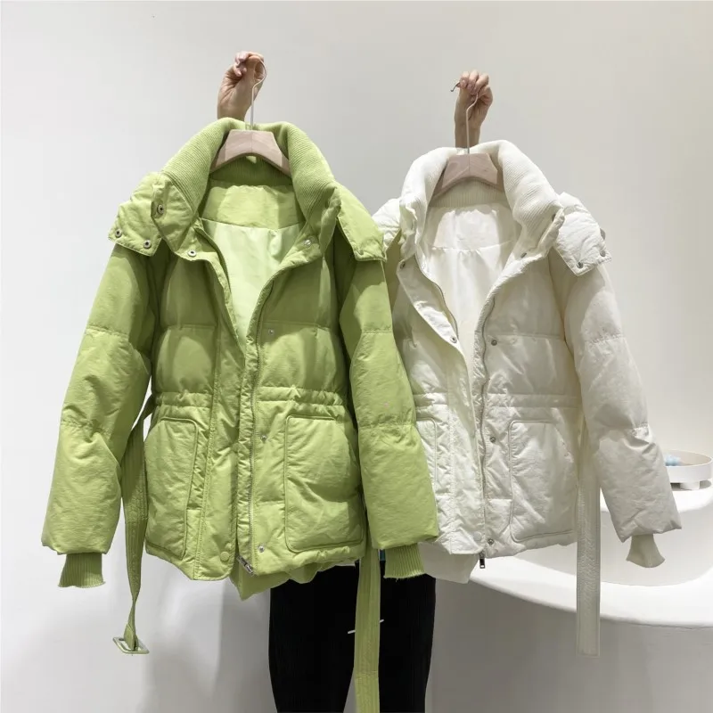 Fashion Women Down Coat New Loose All-Match Thicken Hooded Puffer Jacket with Belt Chic Female White Duck Down Outerwear