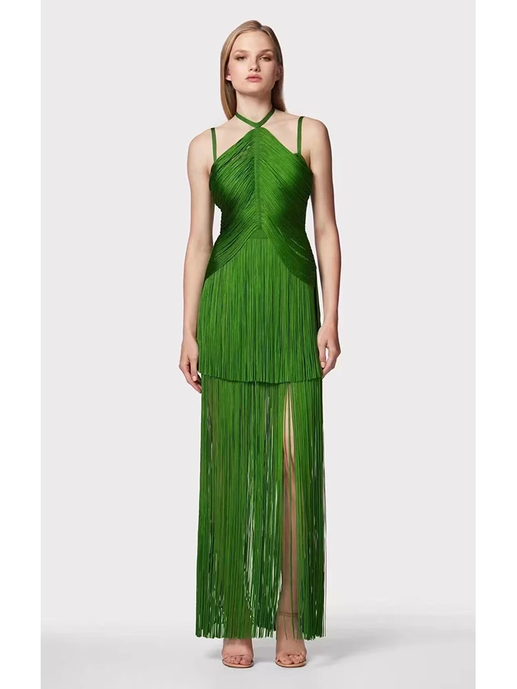 

Sexy Halter Straps Tassel Bandage Long Dress Women Green Sleeveless Backless Bodycon Dresses Elegant Evening Prom Party Gowns