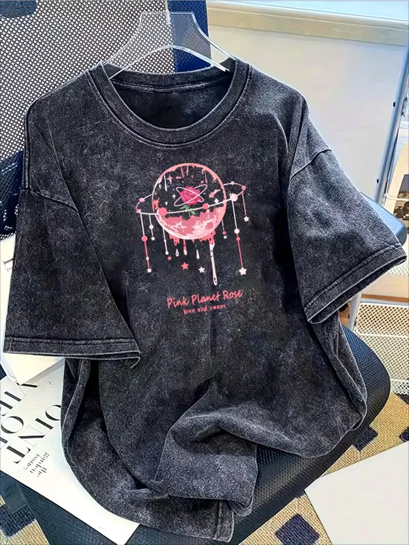 Vintage Distressed Acid Wash Pink Planet Rose Print T Shirt Retro Washed Faded Short Sleeve Tee for Women Streetwear