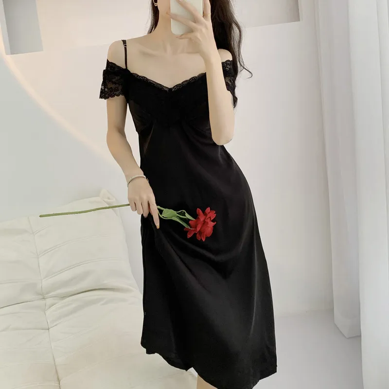 Sexy Nightdress Satin Lace Strap Sleep Dress Sleepwear Womens Home Wear Nightgown With Chest Pads