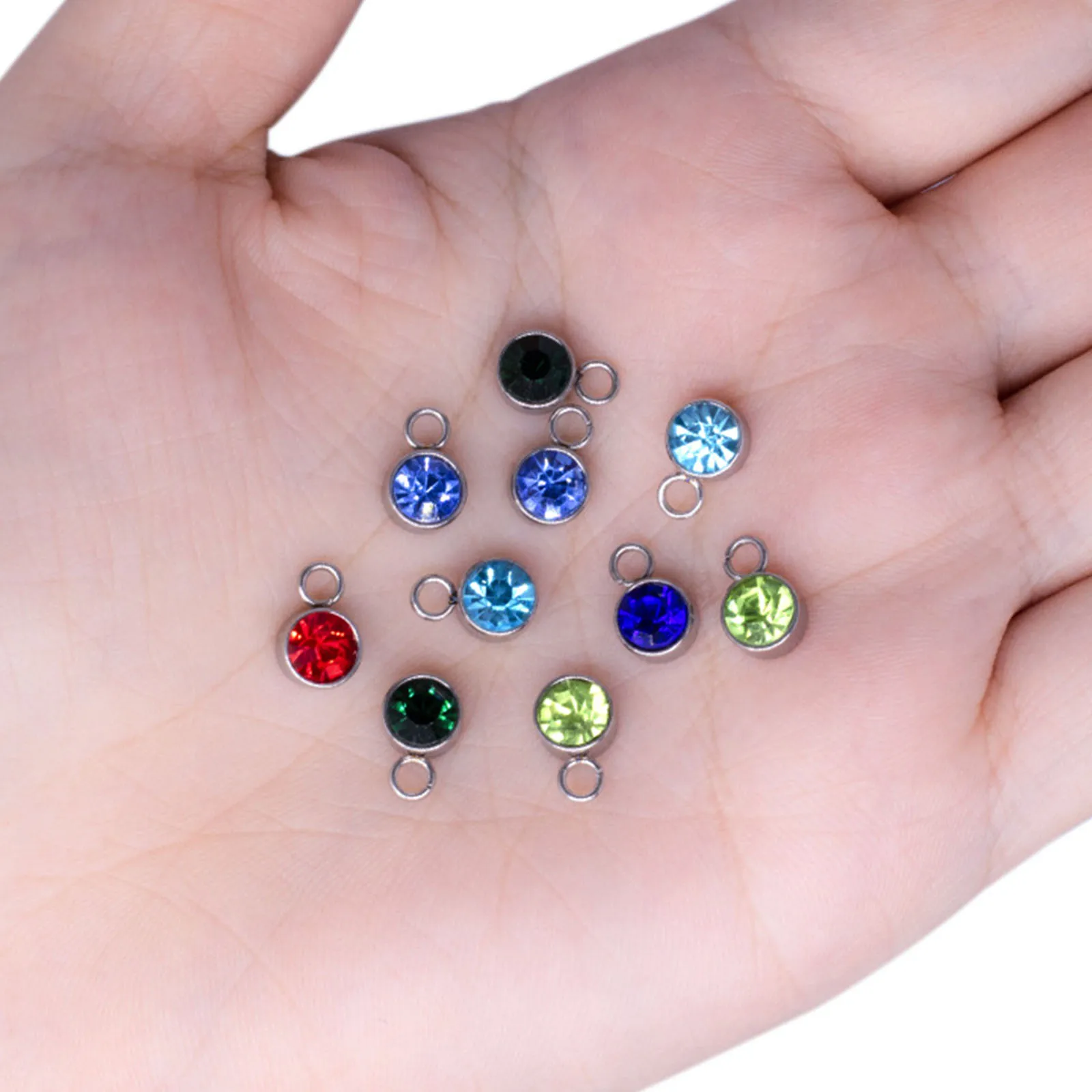 10PCs 6mm 304 Stainless Steel Round Birthstone Charm Pendant Zircon Beads For Jewelry Making Diy Bracelet Earring Craft Supplies