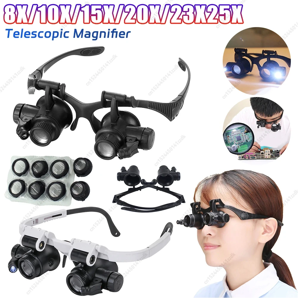 Head-Worn Magnifier Tool 10/15/20/25X LED Lens Glass with Adjustable Barrel/Lamp for Jewelry & Clock Repair (Without battery)