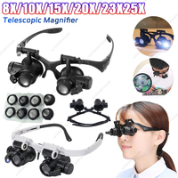 Head-Worn Magnifier Tool 10/15/20/25X LED Lens Glass with Adjustable Barrel/Lamp for Jewelry & Clock Repair (Without battery)