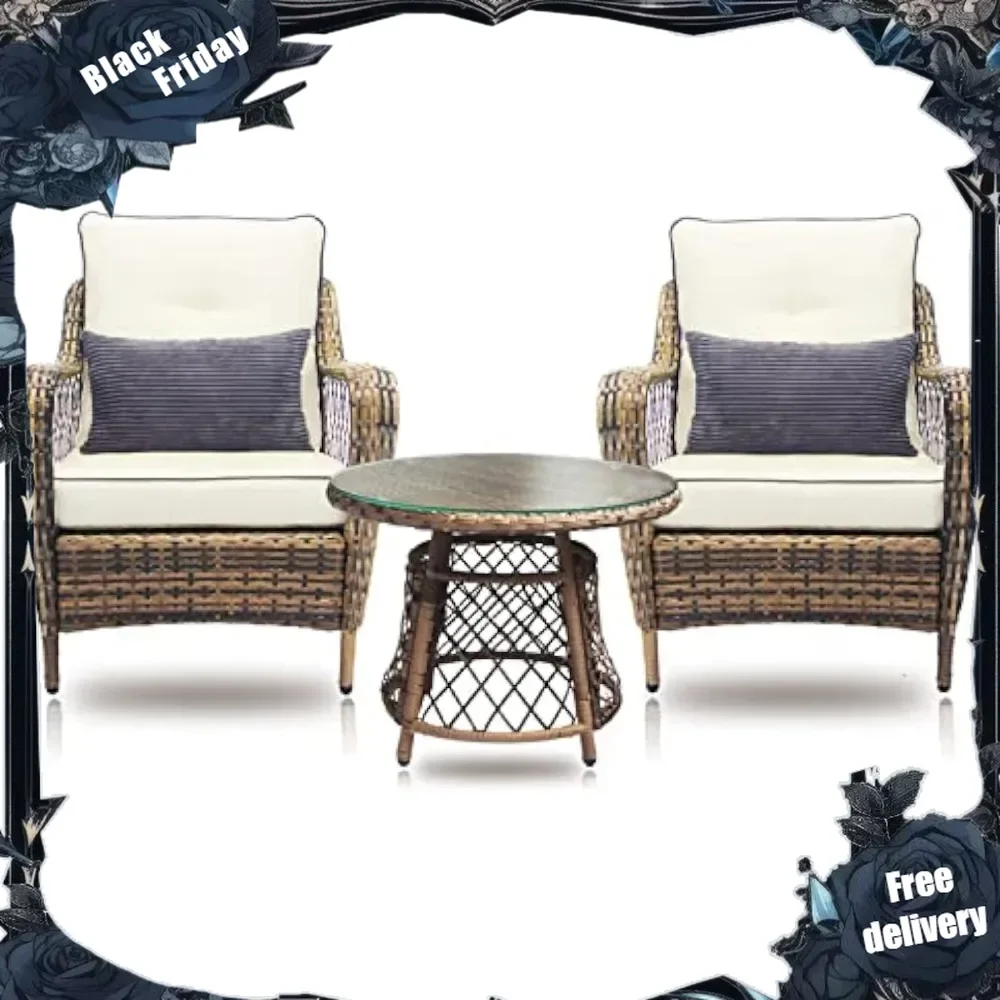 Outdoor Chairs Set Bistro 3 Pieces Patio Conversation Set Furniture Set for Balcony Rattan Chairs and Table