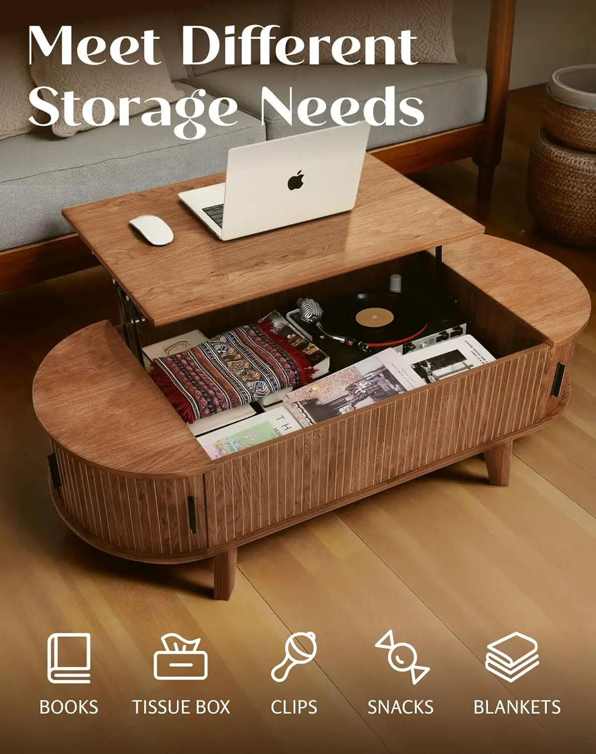 Oval Lift Top Coffee Table With Storage, 47.2" Mid Century Modern Living Room Center Table With 180° Sliding Tambou