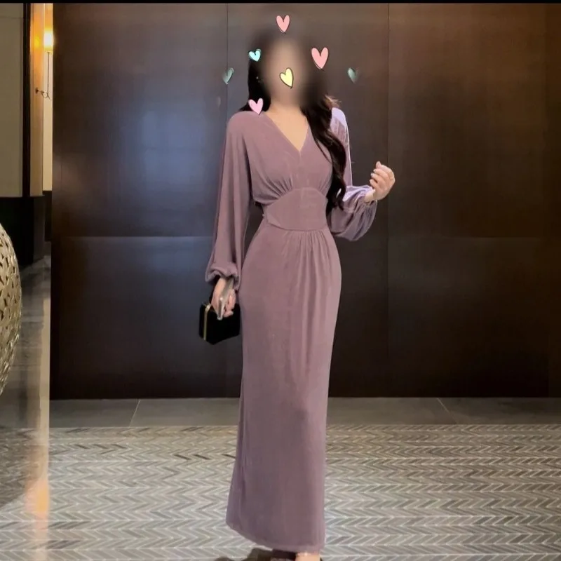 気質Vネックワンピース レディース 夏 スリム ハイウエスト カジュアルスカート ヒップカバー ロングワンピース