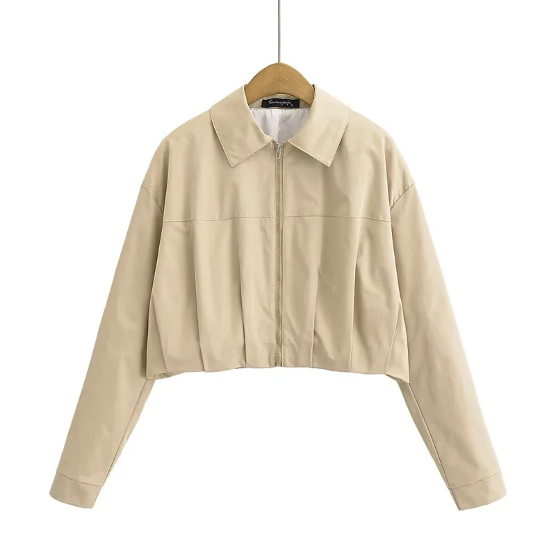 

Шикарные весенние пальто, женские куртки на молнии, бежевые уличные плиссированные куртки с длинными рукавами, повседневная мода, женская верхняя одежда 2025 года