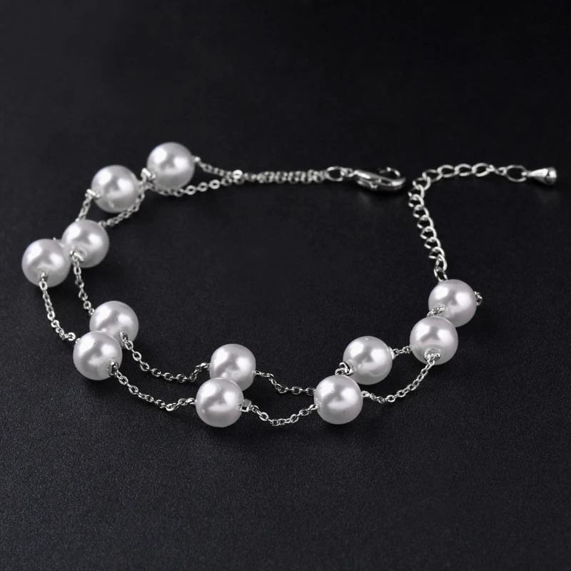 SINLEERY Elegant White Pearl Bracelet 2 Layer Link Chain Bracelets For Women Rose Gold Silver Color Wedding Jewelry SL061