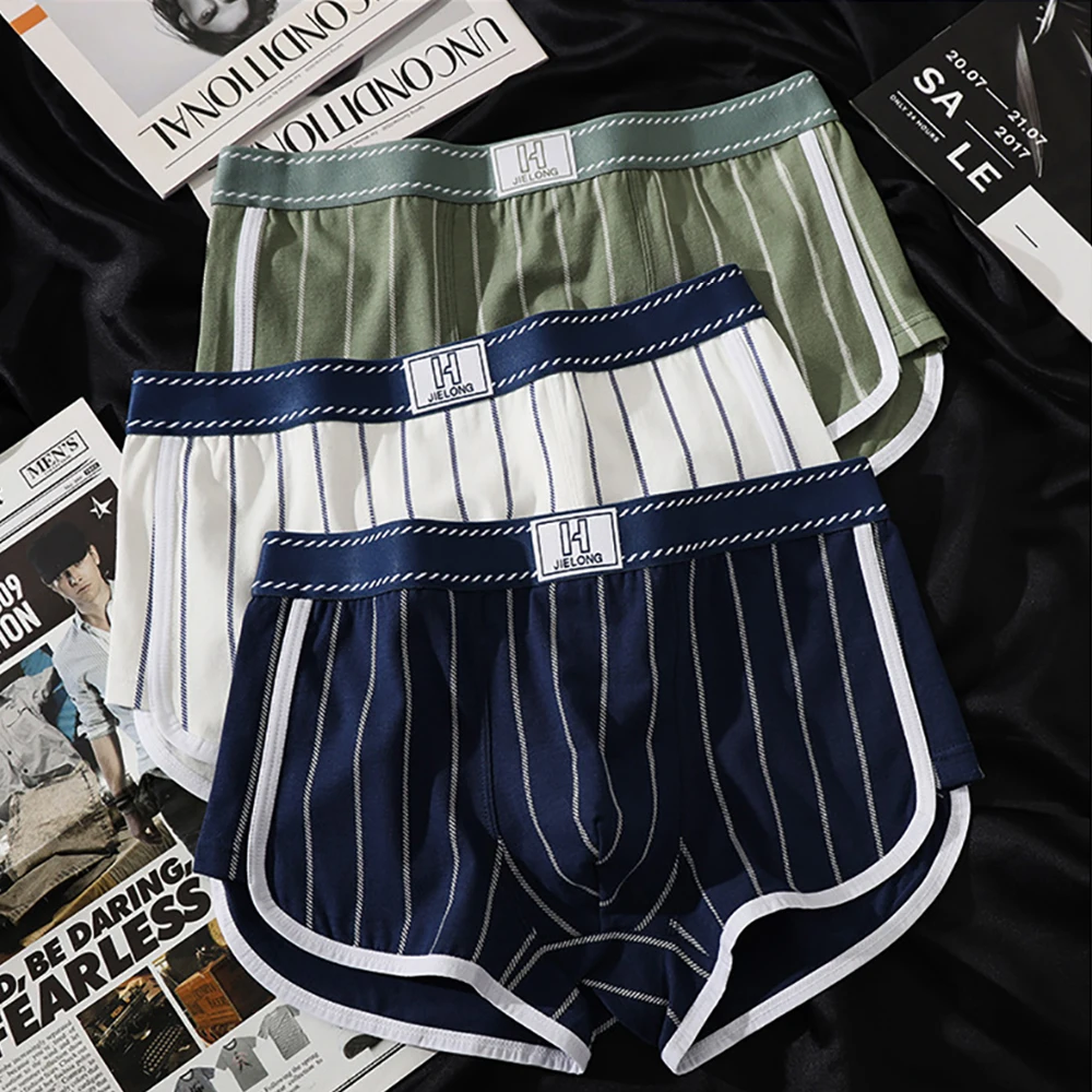 

3PCS/Pack Sexy Breathable Mesh U Crotch Boxers Man 100% Cotton Soft Striped Men's Panties High Elastic Widen Waist Underpants