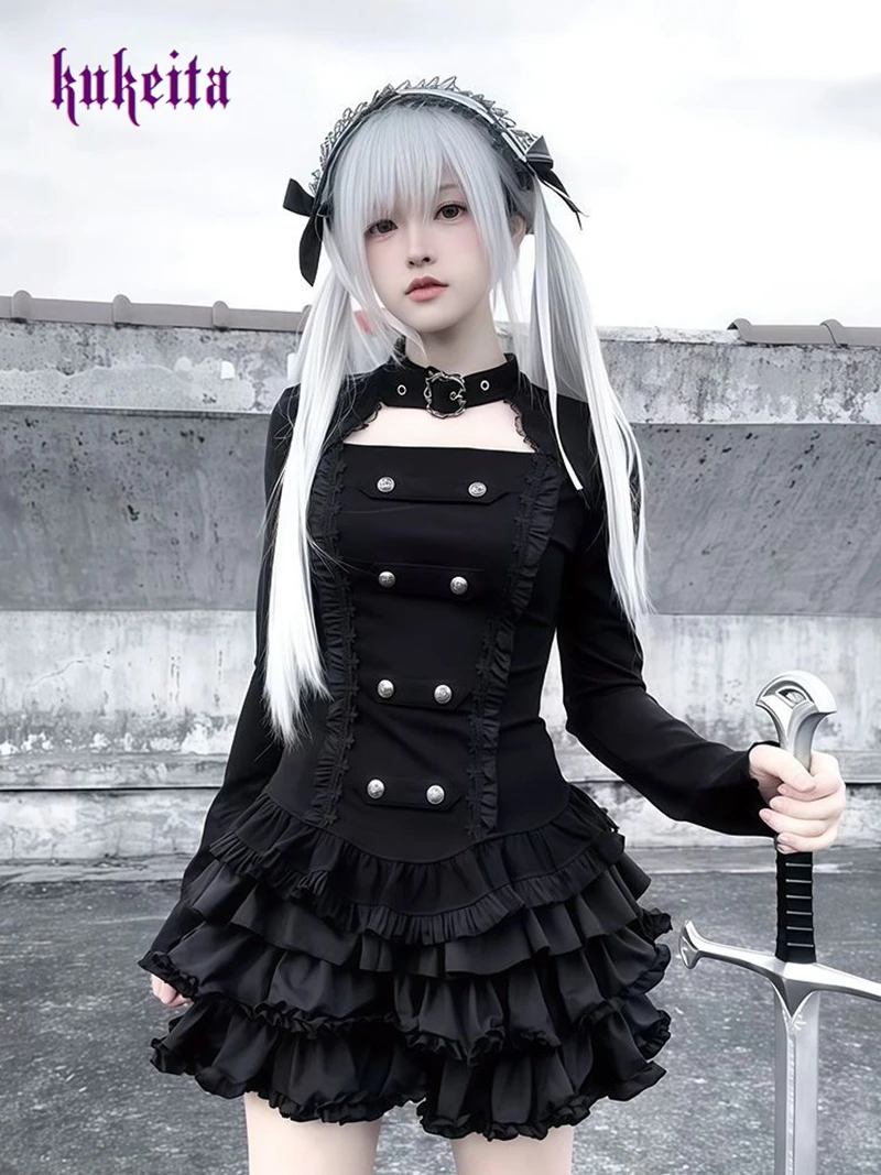 Kukeita Gothic Lolita Black Ruffles Skirt Sets Y2k Punk Women Double Breasted Blouses Top+Mini Skirts 2PS Sets Chic Streetwear