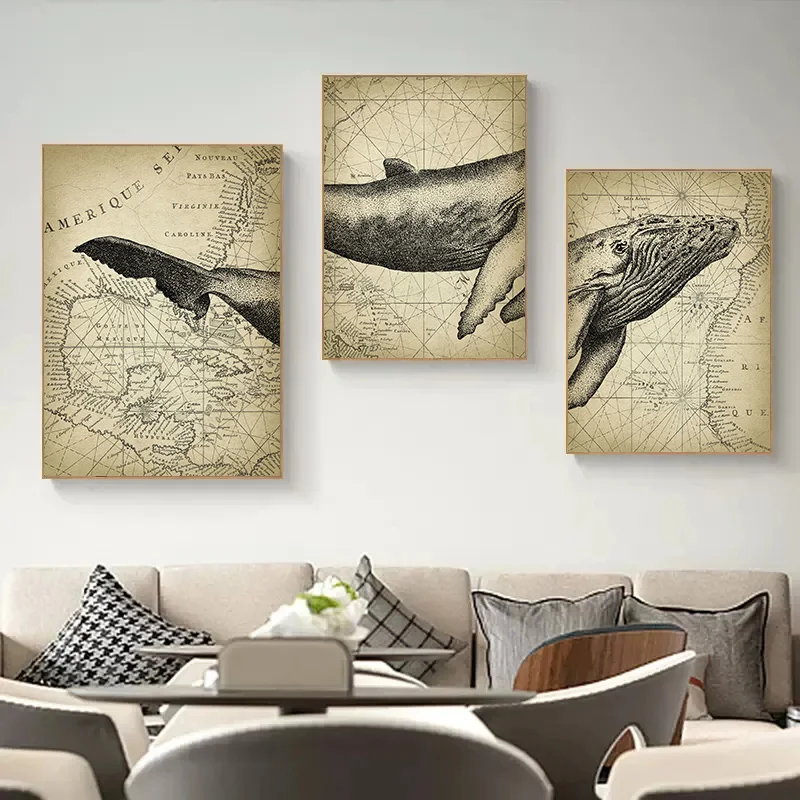 Vintage Marine Animals 3 Pieces Blue Whale Head Body Tail World Map Poster Canvas Painting Wall Art Pictures Home Room Decor